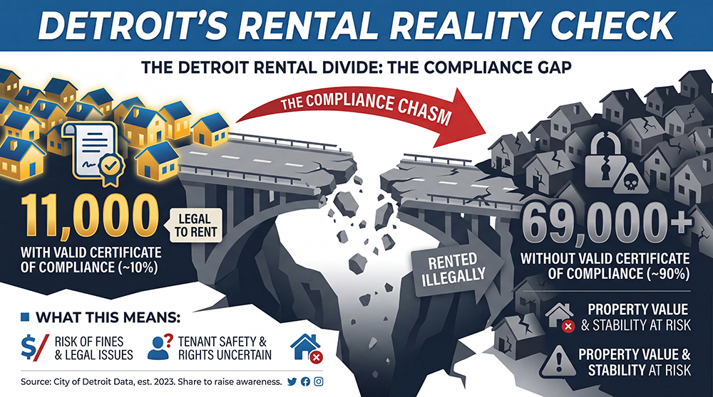 Infographic showing only about 10% of Detroit's 80,000 rental properties have a Certificate of Compliance