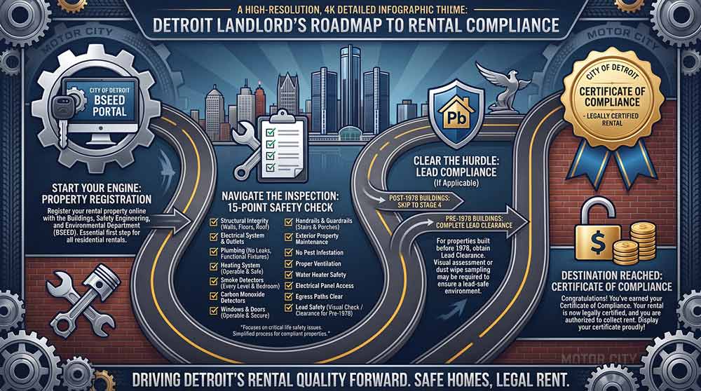 Infographic showing the 3-step Detroit BSEED rental compliance process: register, inspect, certify